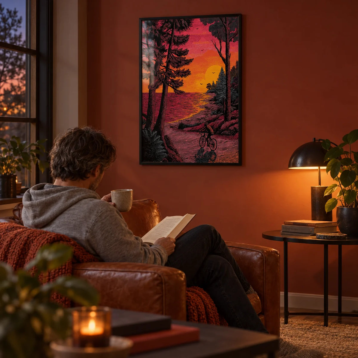 Bicycle Adventure Print, framed on the wall of a warm living room with a deep terracotta painted wall