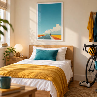 Bicycle Journey Wall Art, framed on the wall of a crisp single bedroom for a young adult cycling enthusiast (18-25)