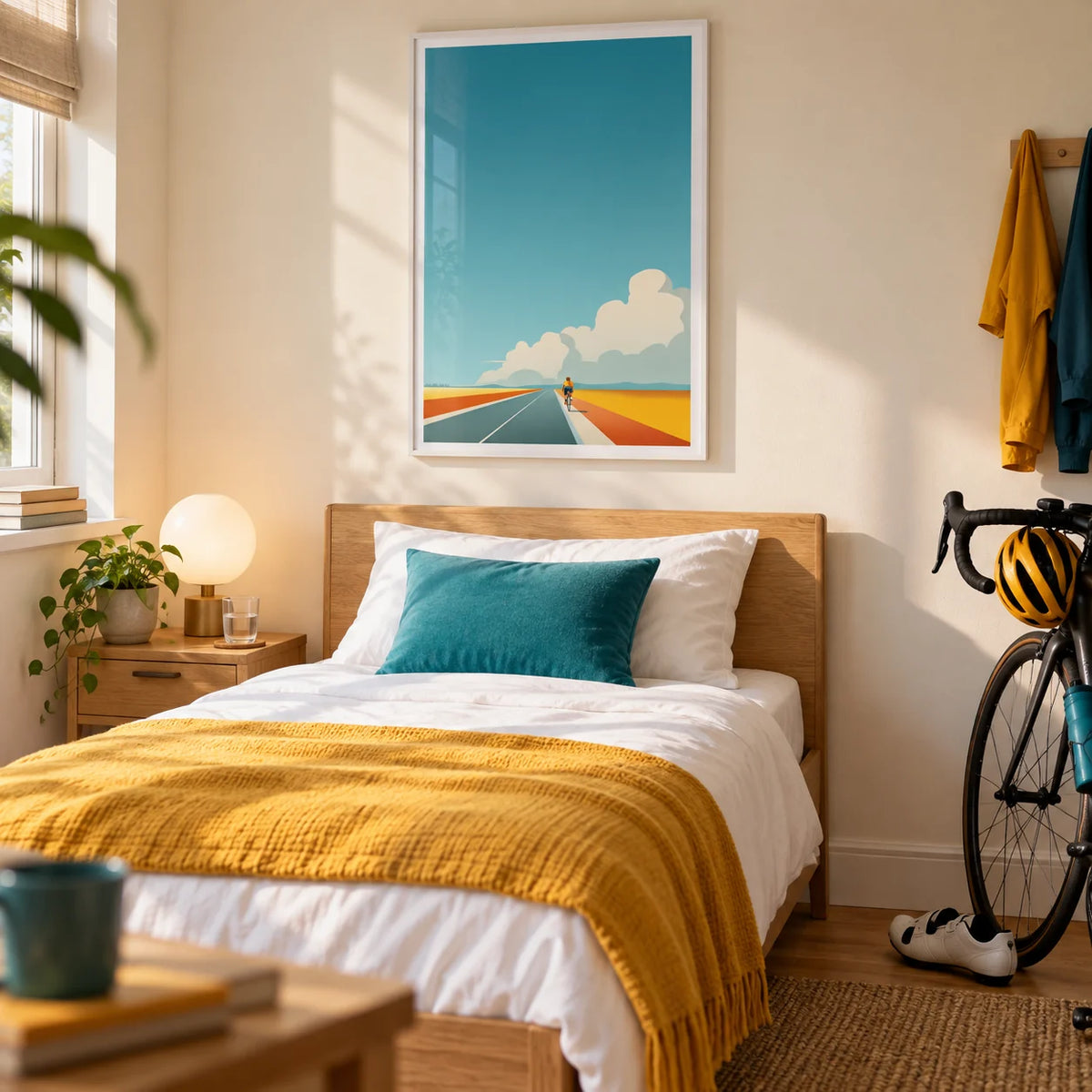 Bicycle Journey Wall Art, framed on the wall of a crisp single bedroom for a young adult cycling enthusiast (18-25)
