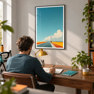 Bicycle Journey Wall Art, framed on the wall of a light home study for a keen weekend cyclist