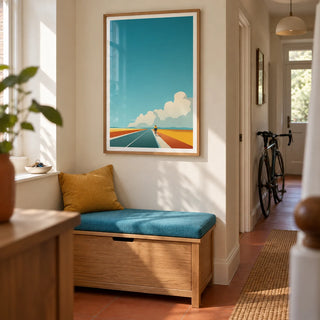 Bicycle Journey Wall Art, framed on the wall of a practical hallway in a renovated UK terrace
