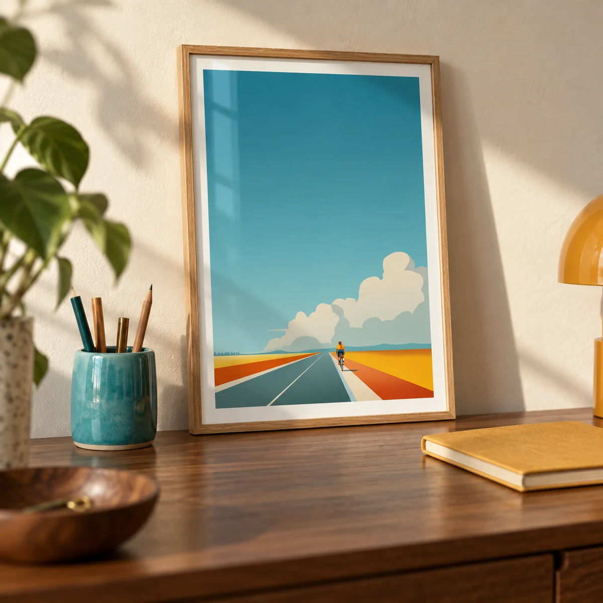 Bicycle Journey Wall Art, a small A4 framed print leaning on a walnut desk