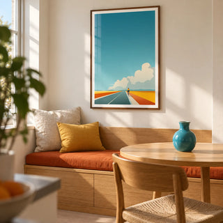 Bicycle Journey Wall Art, framed on the wall of a sunny modern dining nook in a compact UK flat