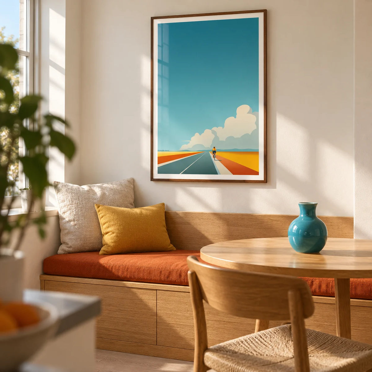 Bicycle Journey Wall Art, framed on the wall of a sunny modern dining nook in a compact UK flat