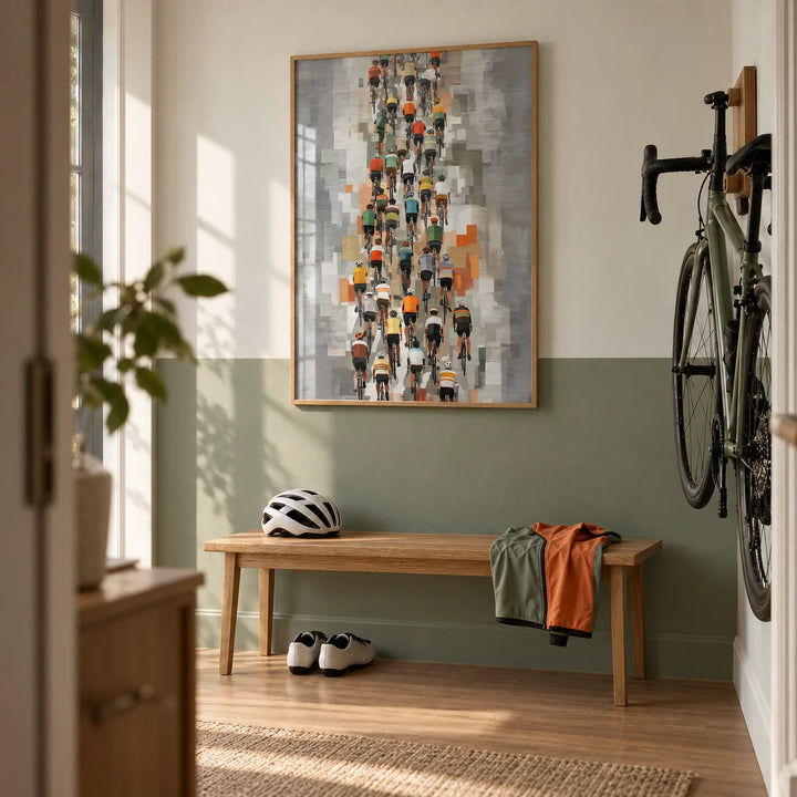 Bicycle Racing Poster, framed on the wall of a city-flat hallway with a solid sage green painted lower wall