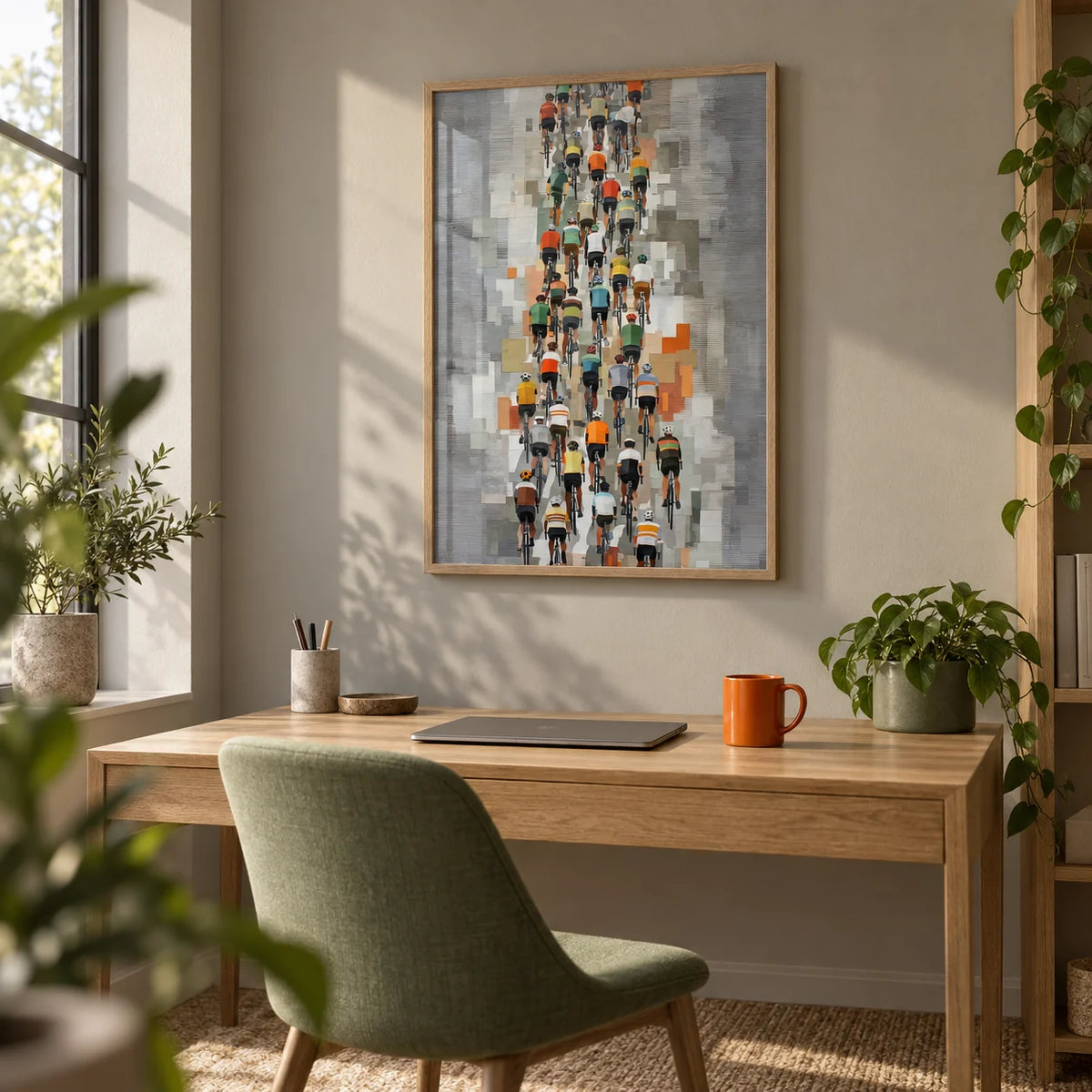 Bicycle Racing Poster, framed on the wall of a cyclist's home office with a warm grey painted wall