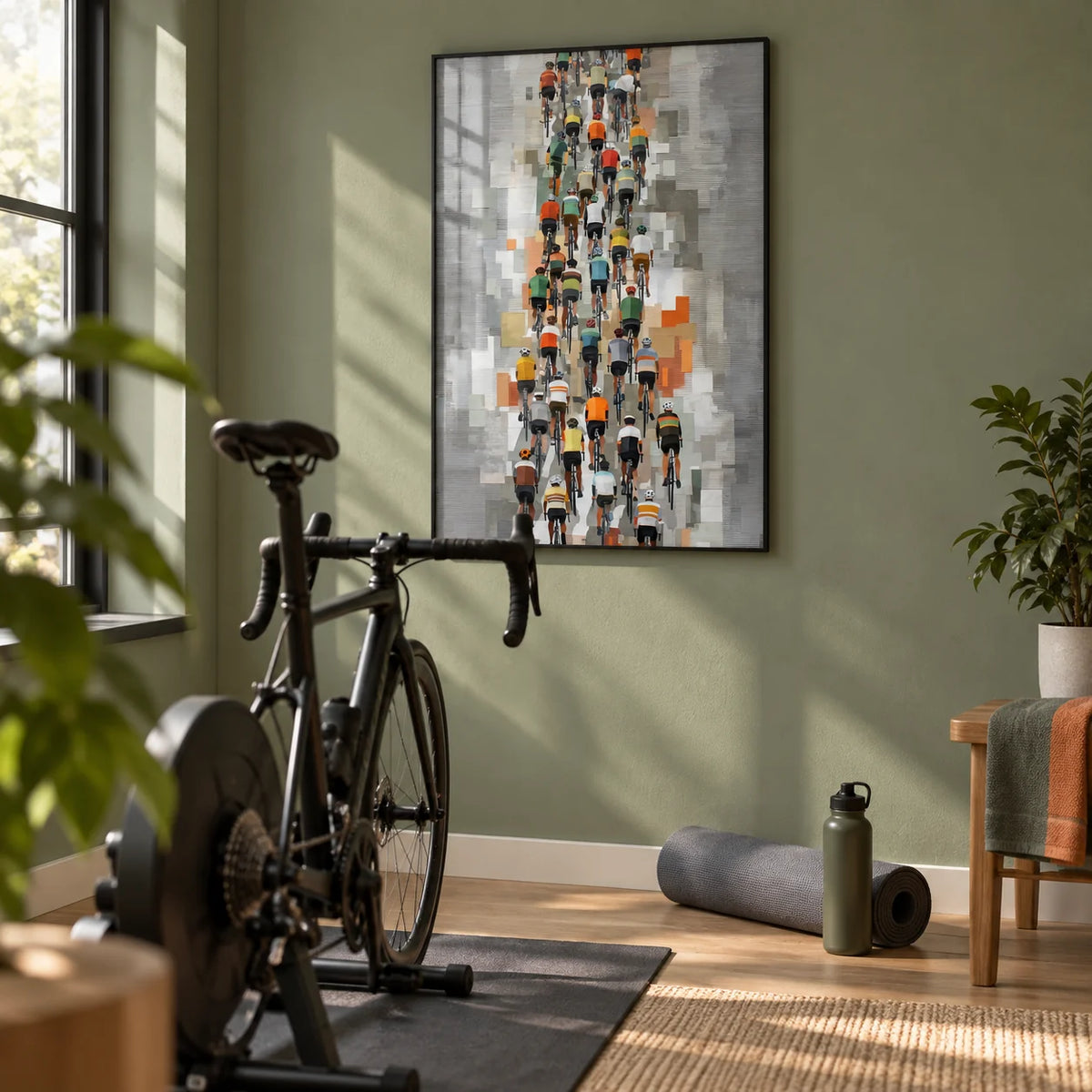 Bicycle Racing Poster, framed on the wall of a home training room with a sage green wall