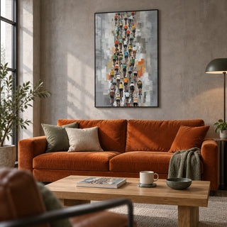 Bicycle Racing Poster, framed on the wall of a industrial-modern living room with a smooth concrete-grey wall