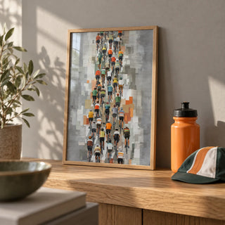 Bicycle Racing Poster, a small A4 framed print leaning on an oak shelf in a living room