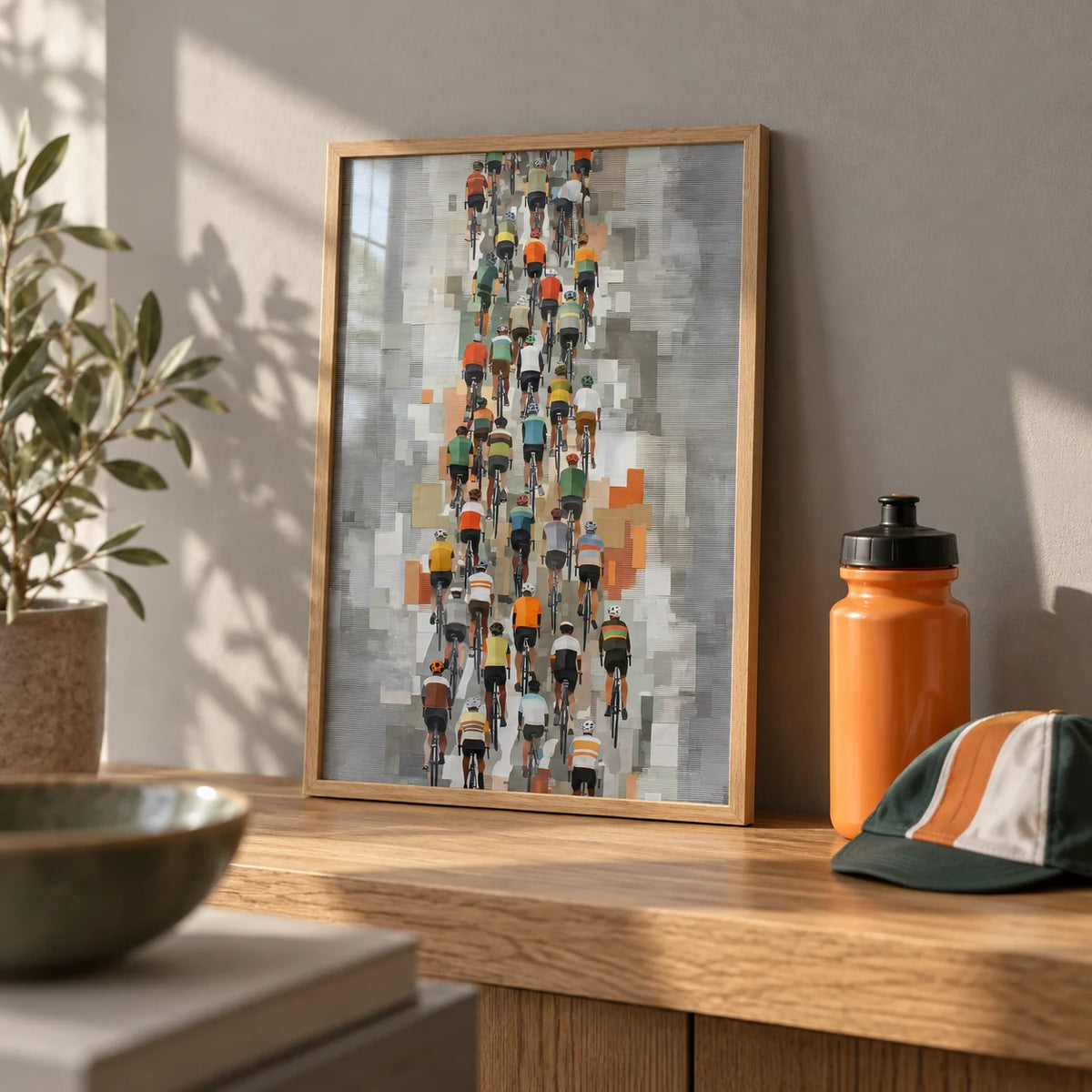 Bicycle Racing Poster, a small A4 framed print leaning on an oak shelf in a living room