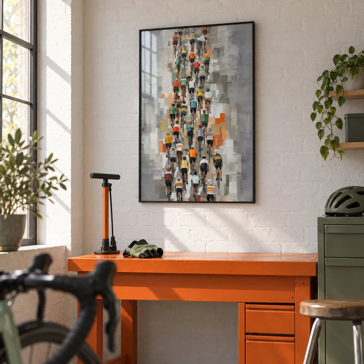 Bicycle Racing Poster, framed on the wall of a tidy garage workshop with a painted white brick wall