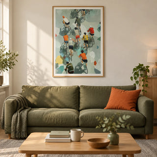 Bicycle Riders Wall Art, framed on the wall of a modern living room in a cycling enthusiast's UK terrace with a warm white wall and oak floor