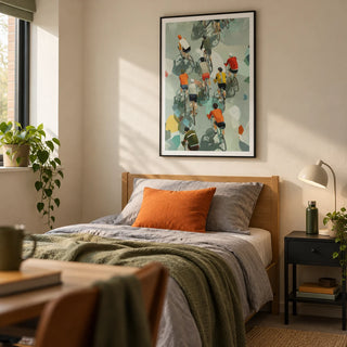 Bicycle Riders Wall Art, framed on the wall of a modern single bedroom for a cycling enthusiast aged 18-25 in a UK family home