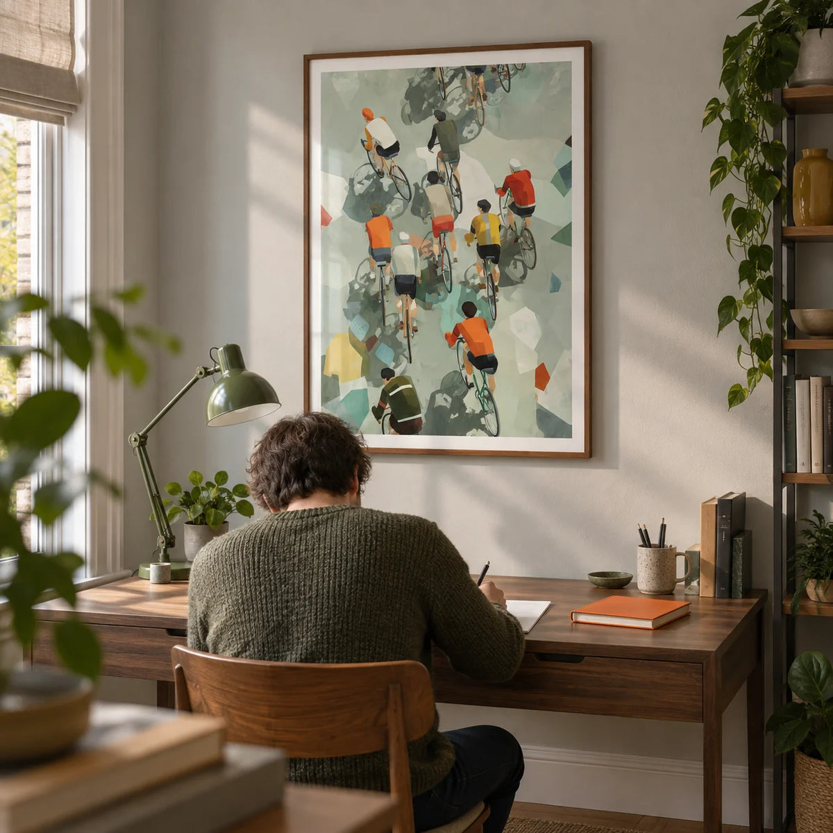 Bicycle Riders Wall Art, framed on the wall of a quiet home study in a UK flat with pale grey walls and a walnut desk