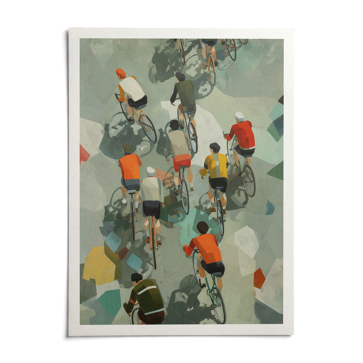 Bicycle Riders Wall Art, shown as an unframed paper print on a plain white background