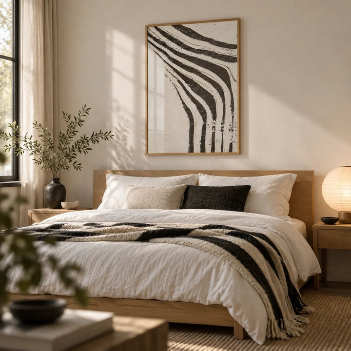 Big Abstract Art, framed on the wall of a calm bedroom