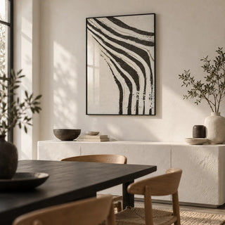 Big Abstract Art, framed on the wall of a minimal dining room