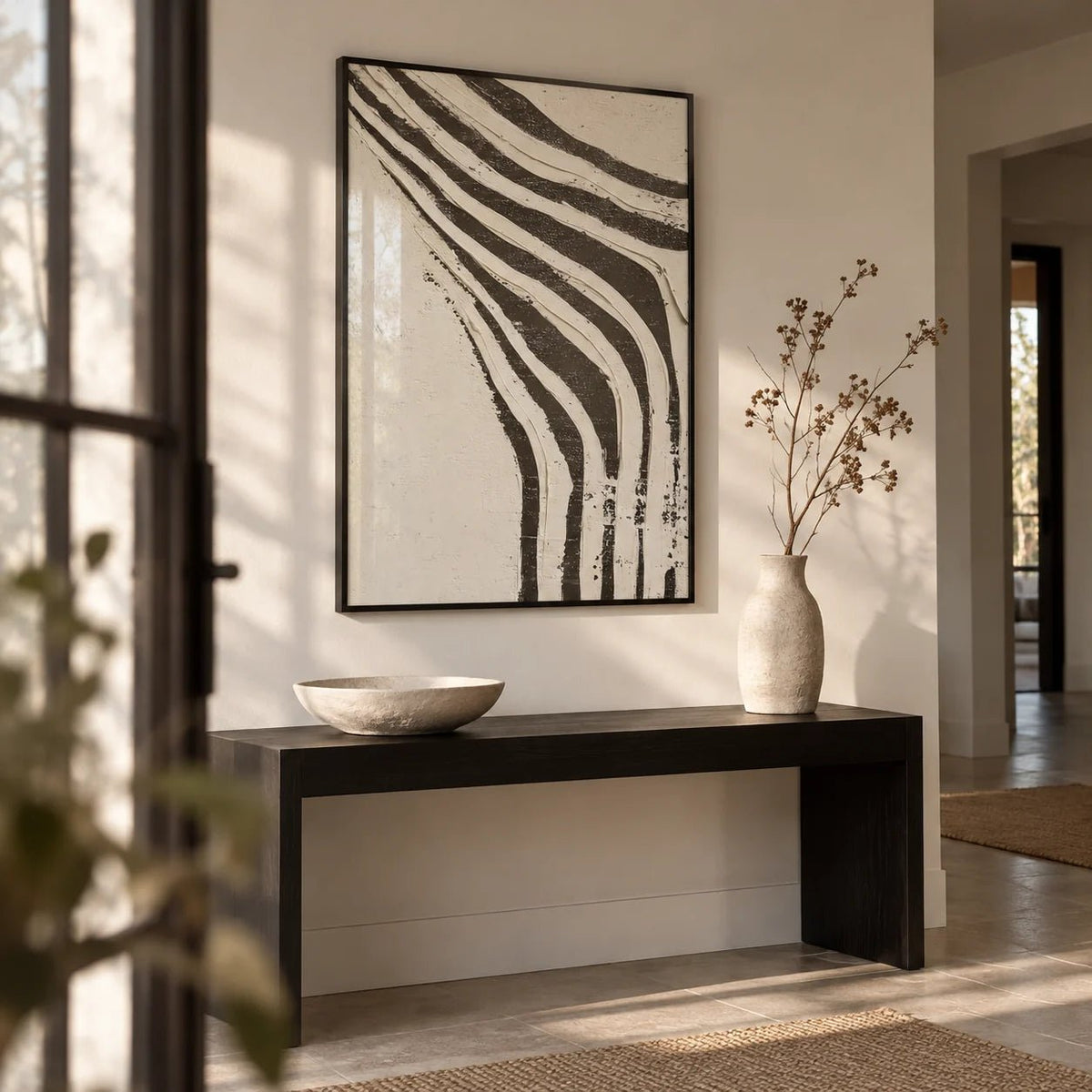 Big Abstract Art, framed on the wall of a minimal hallway