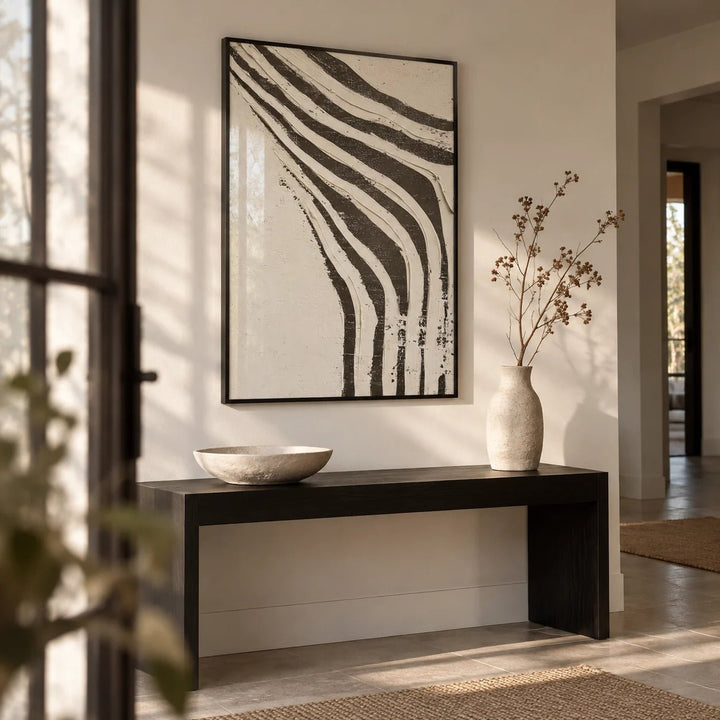 Big Abstract Art, framed on the wall of a minimal hallway