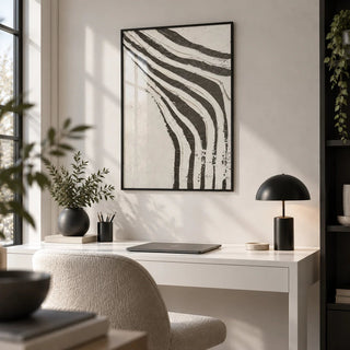 Big Abstract Art, framed on the wall of a monochrome home office