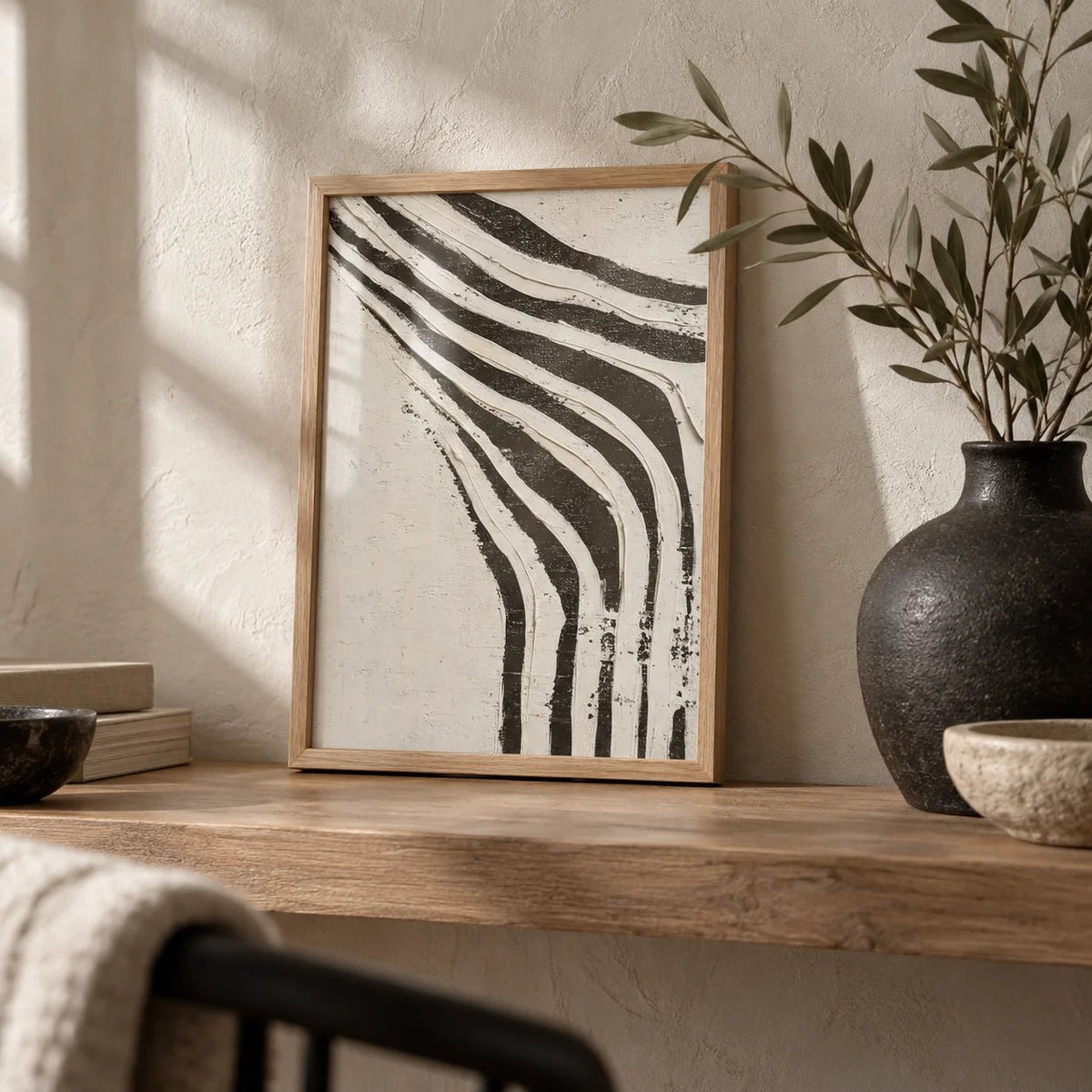 Big Abstract Art, a small A4 framed print leaning on an oak shelf in a living room