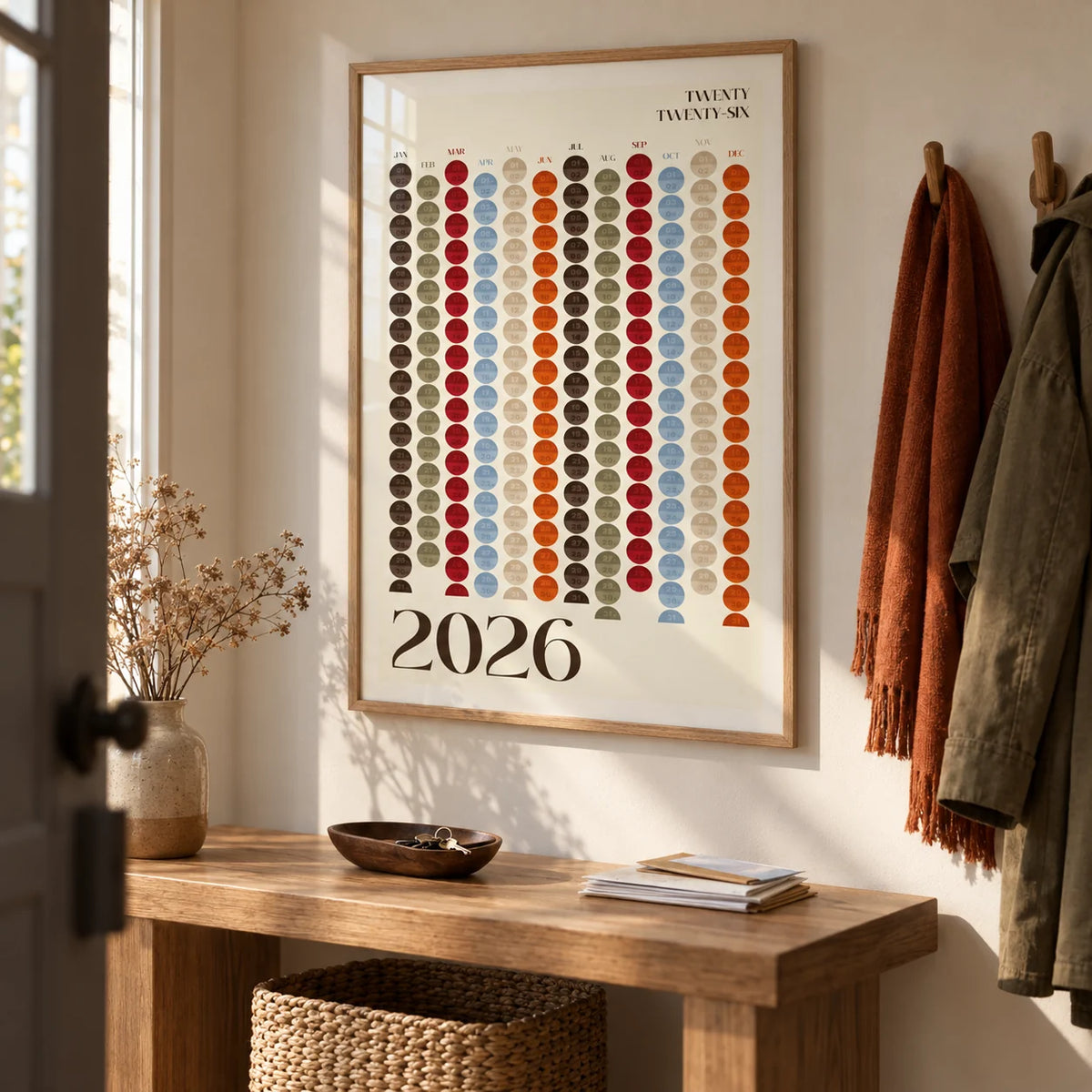 Big Calendar for Wall, framed on the wall of a calm hallway