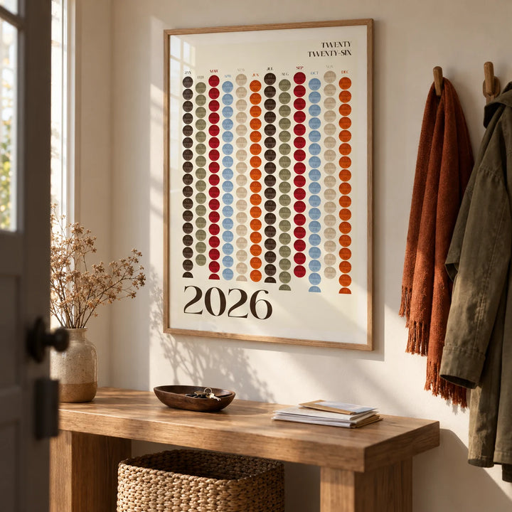 Big Calendar for Wall, framed on the wall of a calm hallway