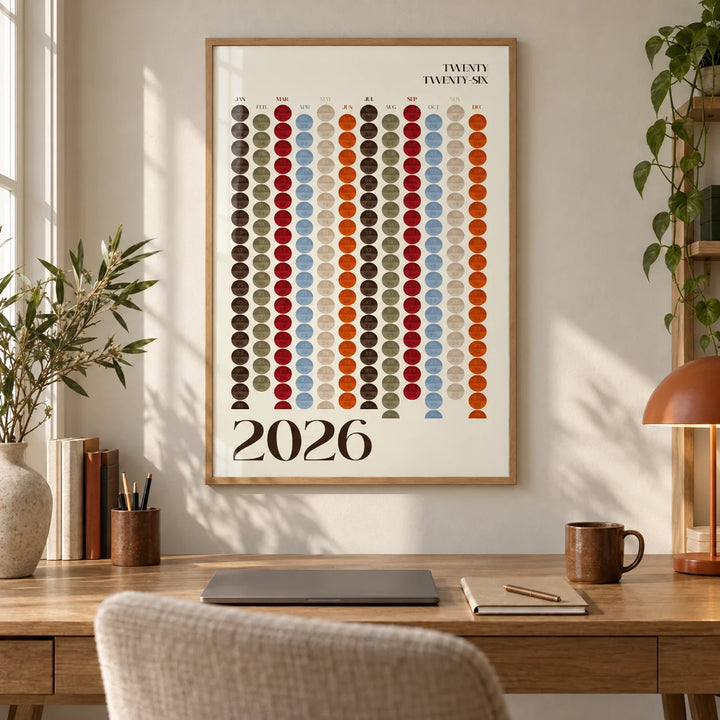 Big Calendar for Wall, framed on the wall of a calm home office