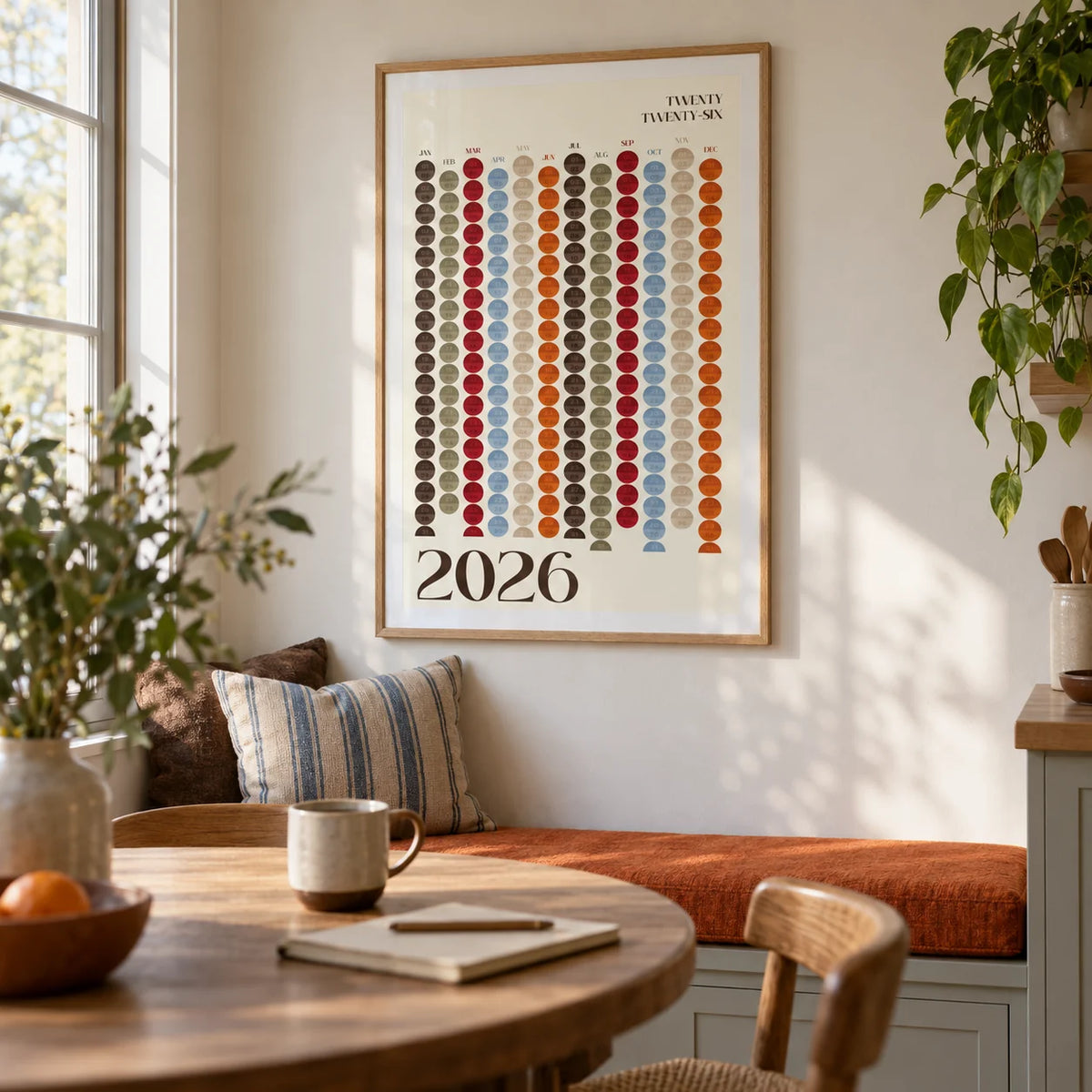 Big Calendar for Wall, framed on the wall of a kitchen dining nook
