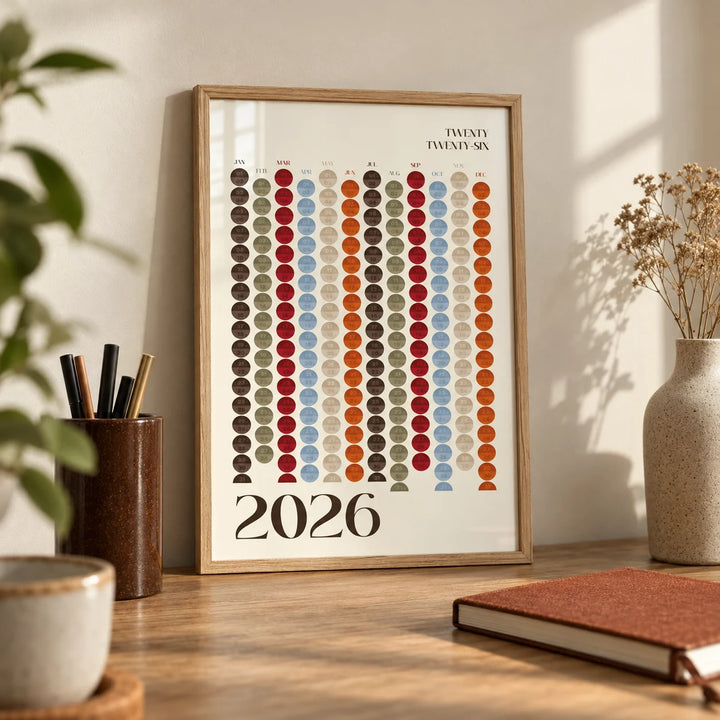 Big Calendar for Wall, a small A4 framed print leaning on an oak desk