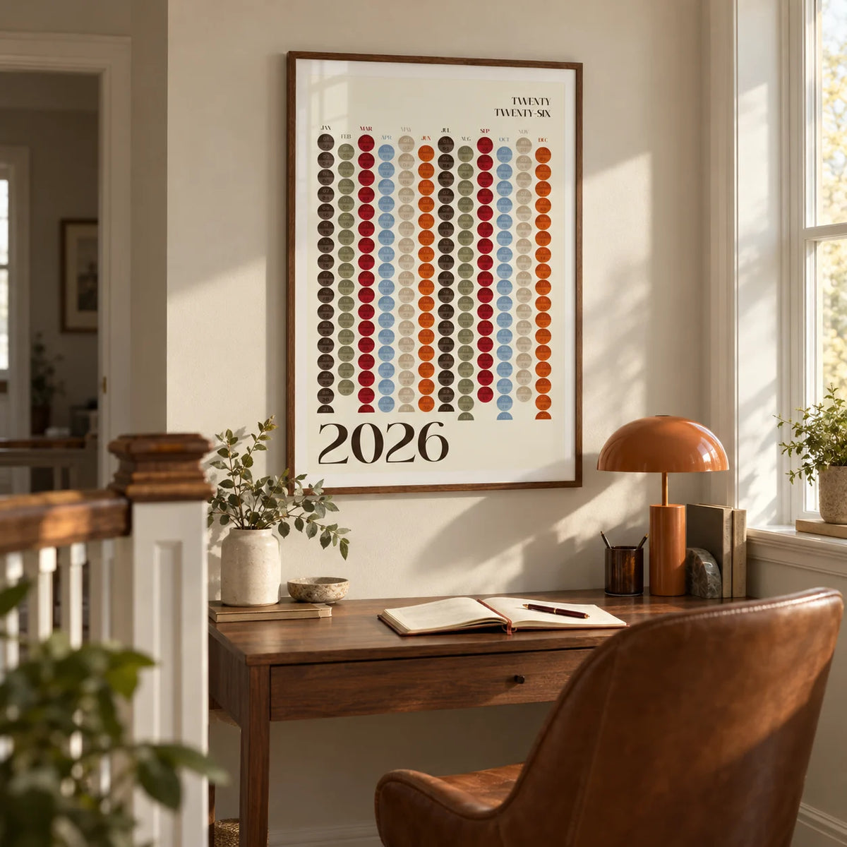 Big Calendar for Wall, framed on the wall of a study nook on a landing