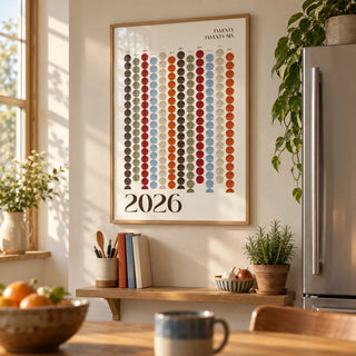 Big Calendar for Wall, framed on the wall of a warm family kitchen