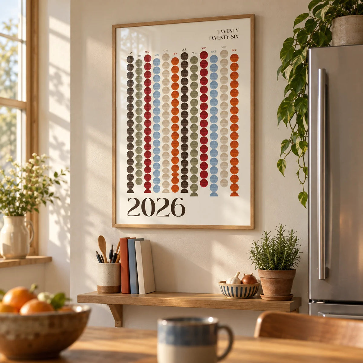 Big Calendar for Wall, framed on the wall of a warm family kitchen