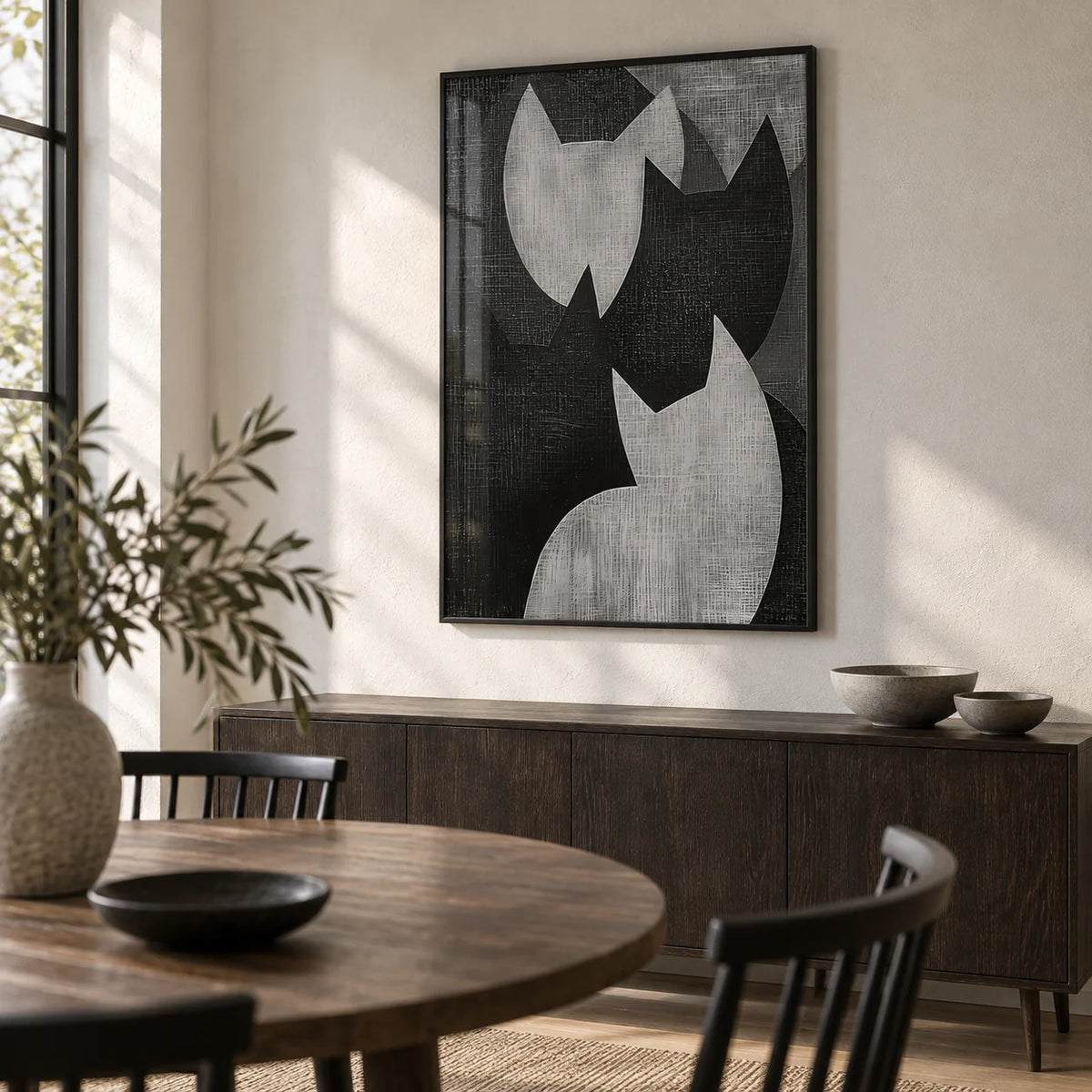 Big Cat Art, framed on the wall of a calm dining room with a soft white plaster wall
