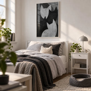 Big Cat Art, framed on the wall of a calm single bedroom for a young cat-loving woman (18-25)