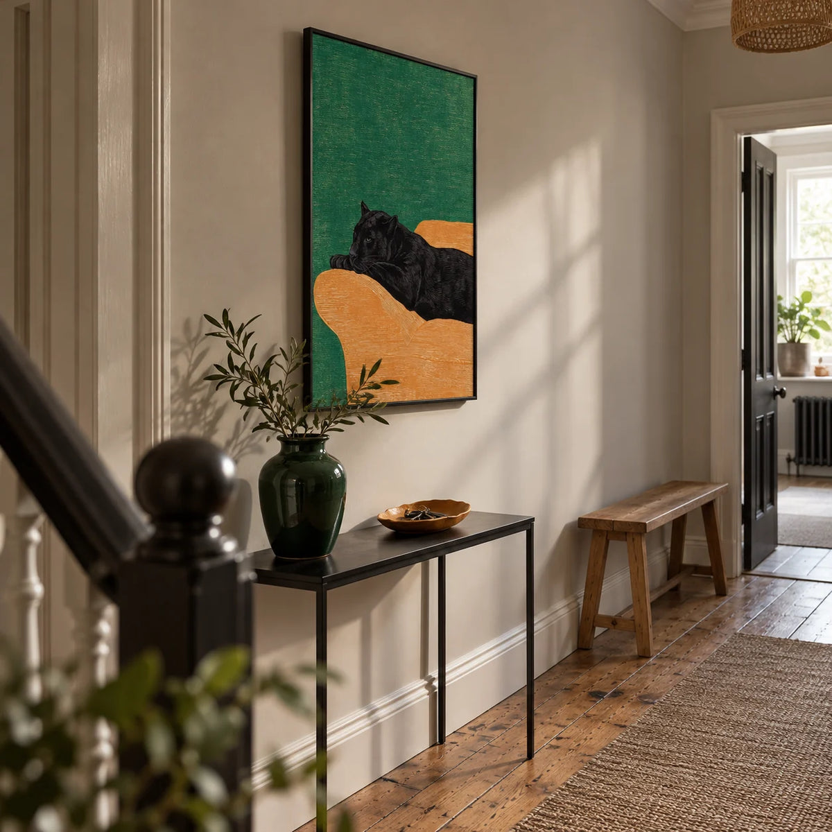Big Cat Art Print, framed on the wall of a characterful hallway in a UK terrace with pale warm grey walls and original timber floorboards