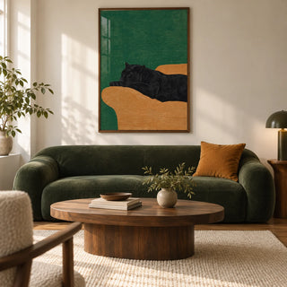 Big Cat Art Print, framed on the wall of a design-led living room in a UK city flat with warm white walls