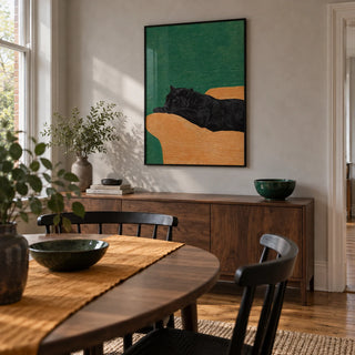 Big Cat Art Print, framed on the wall of a modern dining room in a Victorian terrace with pale grey plaster walls and a warm timber floor