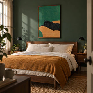 Big Cat Art Print, framed on the wall of a warm modern bedroom for a couple aged 28-45 in a UK flat with a muted deep green wall