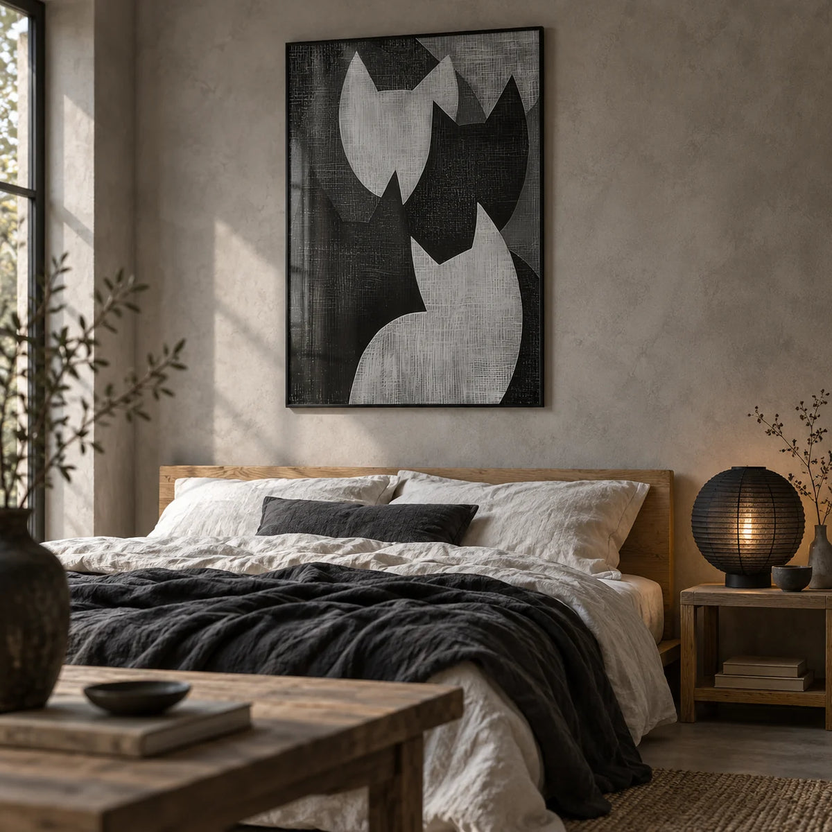 Big Cat Art, framed on the wall of a quiet wabi-sabi bedroom with a soft stone grey plaster wall