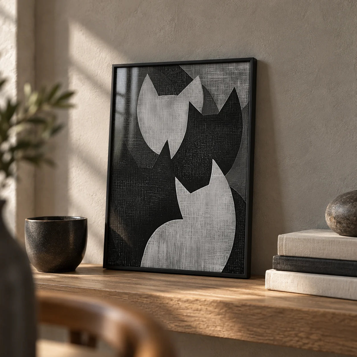 Big Cat Art, a small A4 framed print leaning on an oak shelf in a living room