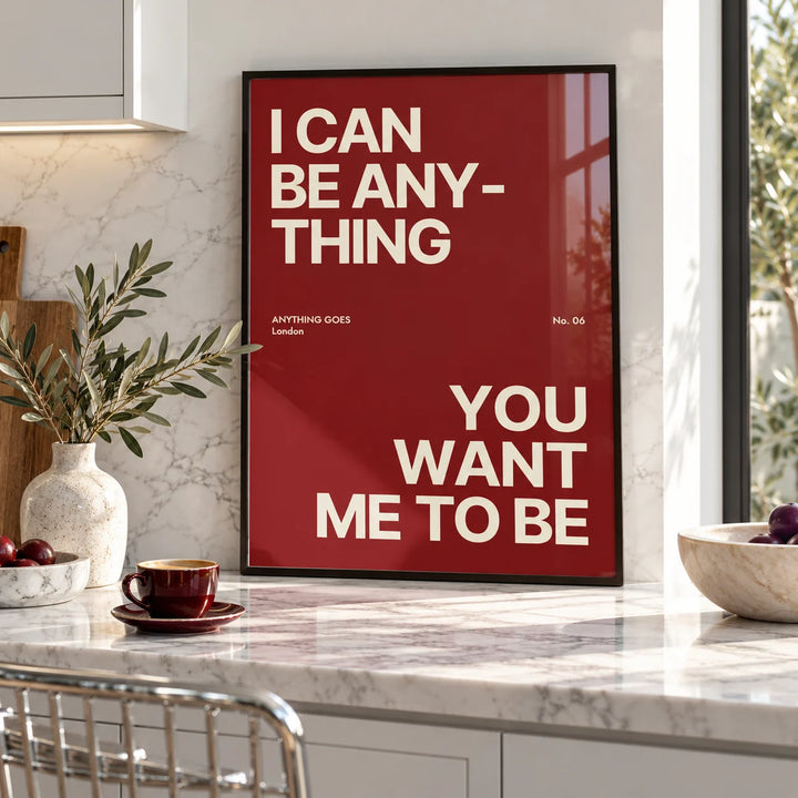 Big Text Poster, framed on the wall of a bright kitchen breakfast nook