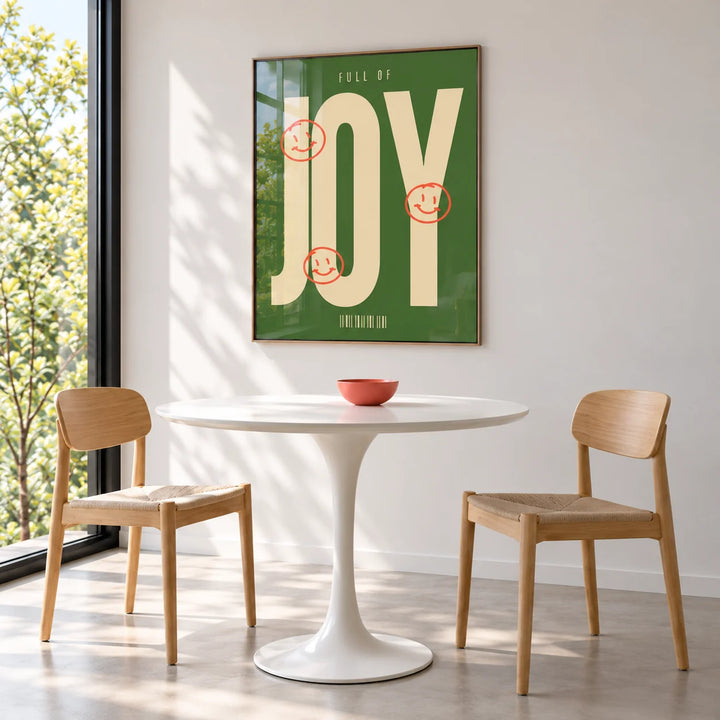 Big Text Sign Wall Art, framed on the wall of a minimal dining nook