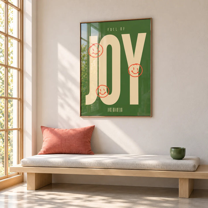 Big Text Sign Wall Art, framed on the wall of a minimal reading bench by a tall window in a living room
