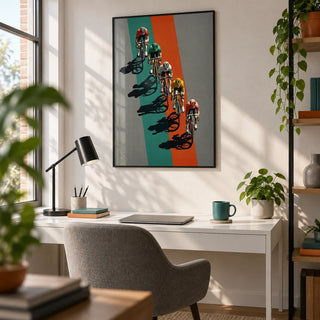Biking Wall Art, framed on the wall of a crisp home office