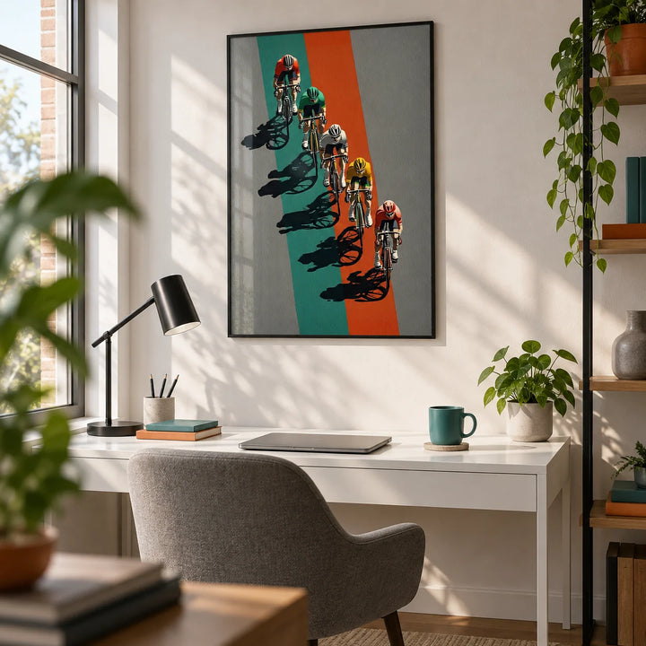 Biking Wall Art, framed on the wall of a crisp home office
