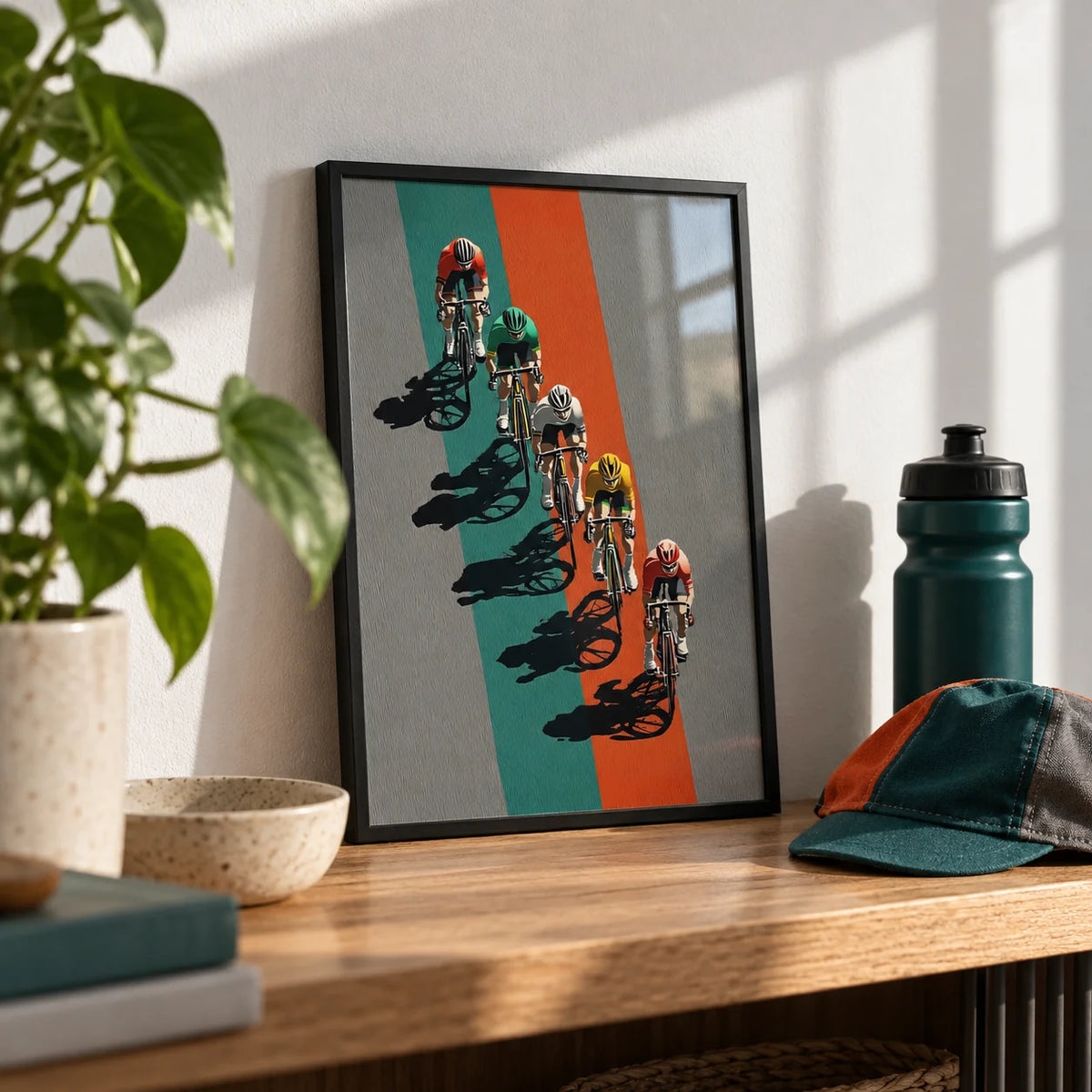 Biking Wall Art, a small A4 framed print leaning on an oak shelf in a living room