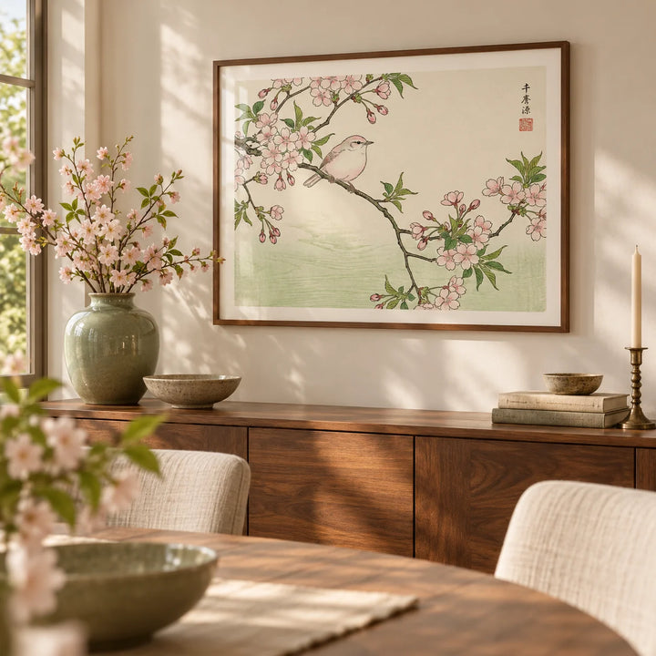 Bird Cherry Blossom Art Print, framed on the wall of a calm dining room