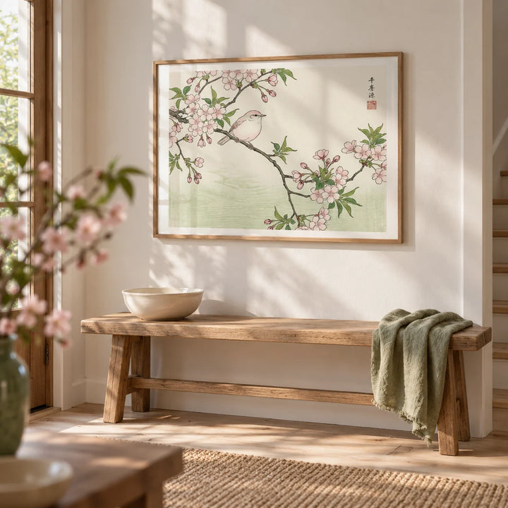 Bird Cherry Blossom Art Print, framed on the wall of a calm entrance hall
