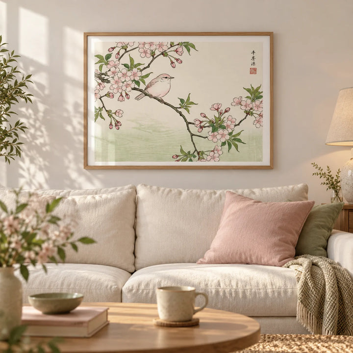 Bird Cherry Blossom Art Print, framed on the wall of a calm living room
